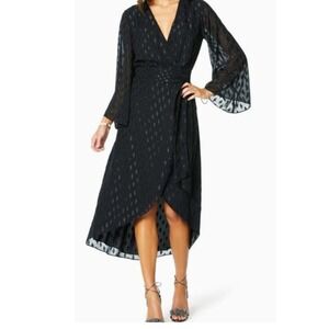 Ramy Brook Black Metallic Fil Coupe Wrap High-Low Dress Bell Sleeve New Tag $525